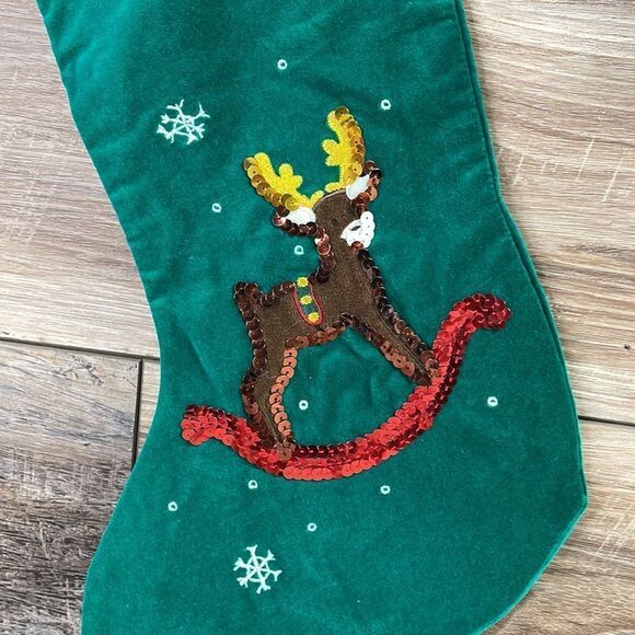 Old Navy Christmas Velvet Stockings Sequin Santa Rocking Reindeer Holiday Green - Picture 4 of 7